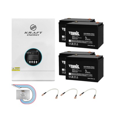 Комплект резервного живлення: гібридний інвертор на 5kW Kraft з АКБ 12В Trinix 12V 100Ah AGM 4 шт. Комплект резервного живлення: гібридний інвертор на 5kW Kraft з АКБ 12В Trinix 12V 100Ah AGM 4 шт.